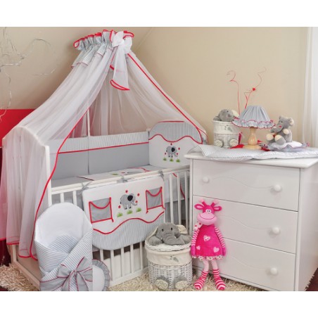 10 el.Pościel do łóżeczka 120x90 z moskitierą "PASKI" (słonik)