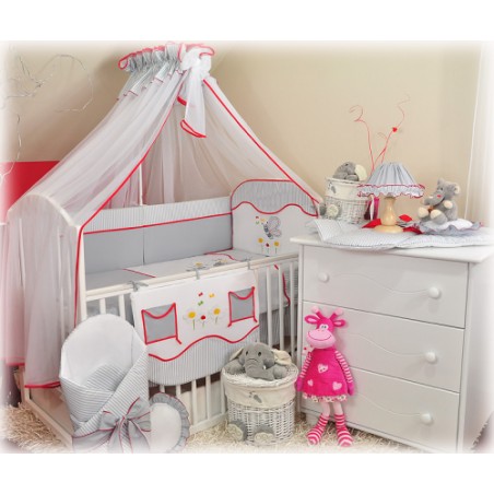 10 el.Pościel do łóżeczka 120x90 z moskitierą "PASKI" (motylek)