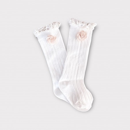 PODKOLANÓWKI PRĄŻKOWANE Z KORONKĄ ŚMIETANKOWE Roses