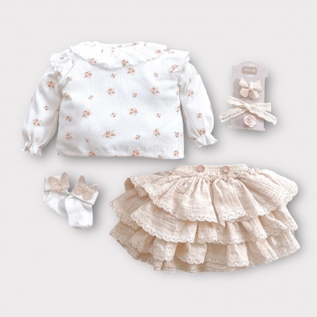 KOMPLET: KOSZULA PRĄŻKOWANA Eternal Roses + SPÓDNICA/ BLOOMERS NA SZELKACH WANILIOWY BEŻ + SKARPETKI + SPINKI Z OPASKĄ