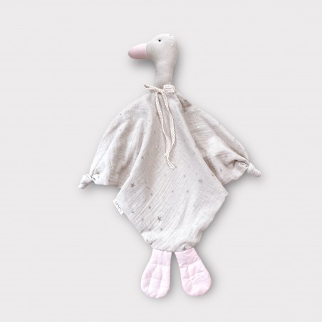 PRZYTULANKA MUŚLINOWA HANDMADE GĄSKA Stars beżowa z pudrowym różem