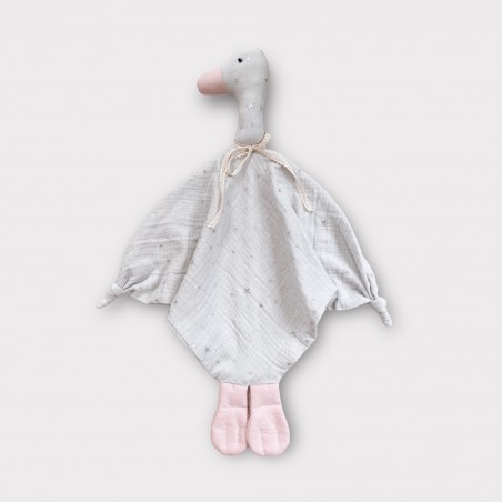 PRZYTULANKA MUŚLINOWA HANDMADE GĄSKA STARS SZARA Z PUDROWYM RÓŻEM