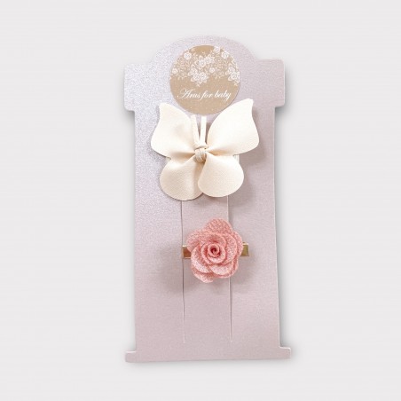 ZESTAW 2 SPINEK BUTTERFLY - KREMOWY MOTYL + PUDROWY KWIATUSZEK