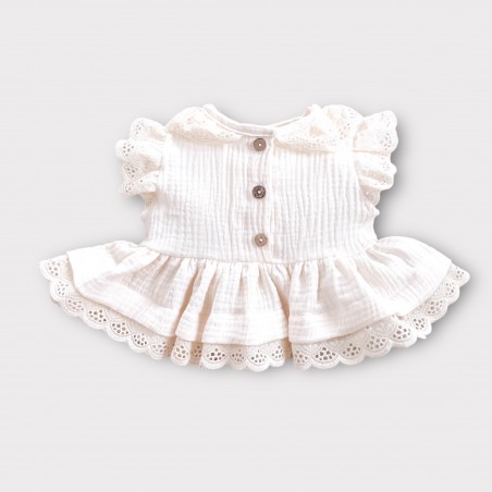 Muślinowy top z haftowanymi falbankami Latte