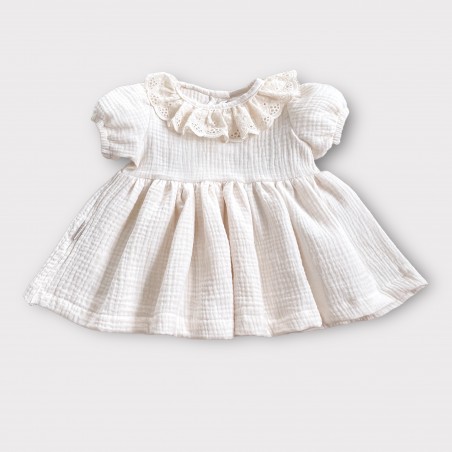 Muślinowa sukienka z bufką i haftowanym kołnierzykiem Latte