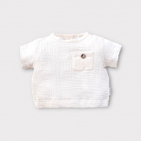 KOSZULA MUŚLINOWA Z KIESZONKĄ I KRÓTKIM RĘKAWEM LATTE