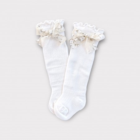 AŻUROWE PODKOLANÓWKI Z KOKARDKĄ W KWIATY śmietankowe