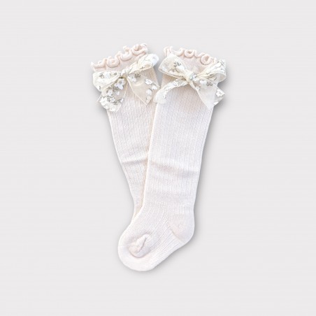 AŻUROWE PODKOLANÓWKI Z KOKARDKĄ W KWIATY jasno beżowe