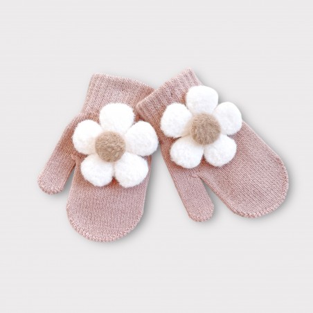 Rękawiczki z pluszowym kwiatuszkiem pudrowy róż