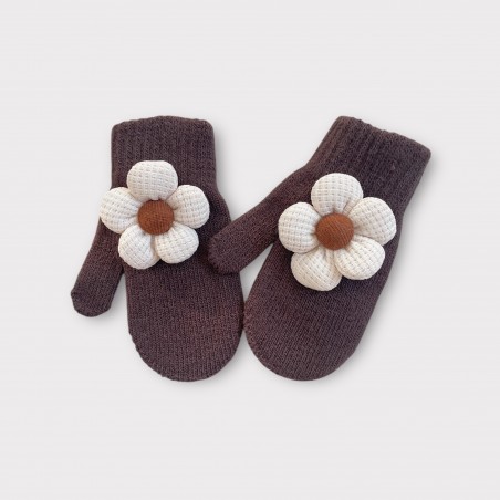 RĘKAWICZKI z beżowym kwiatuszkiem ciemny brąz