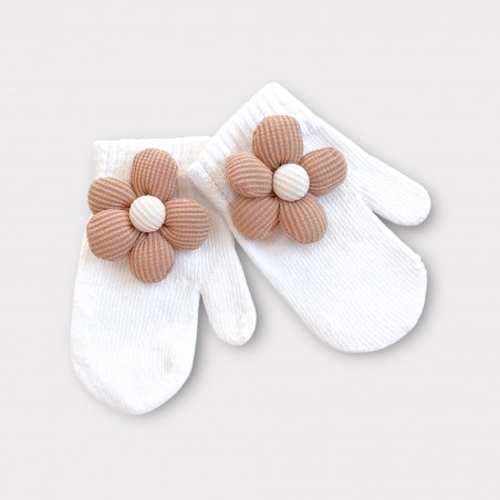 Rękawiczki z brązowym kwiatuszkiem śmietankowe