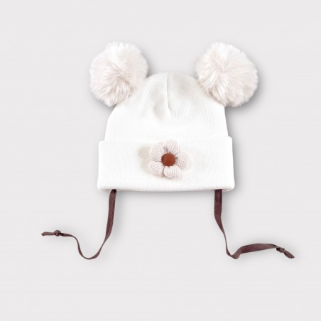 Czapka zimowa wiązana z pomponami Flow kremowa