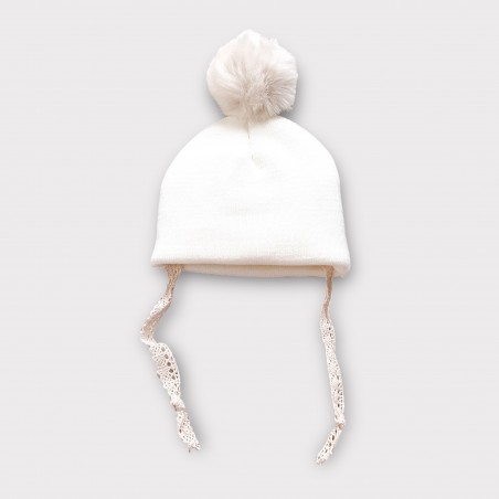 Newborn CZAPKA ZIMOWA WIĄZANA Z POMPONEM KREMOWA 0-6m