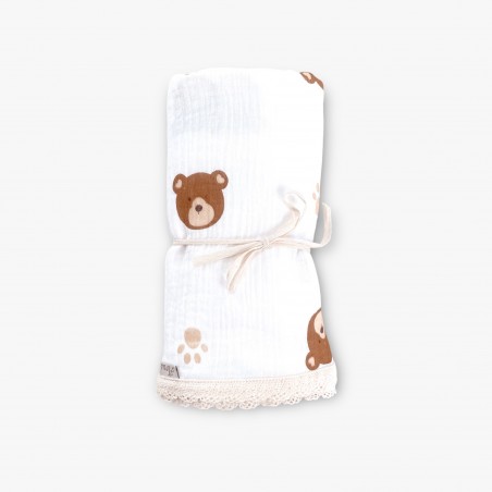 KOCYK MUŚLINOWY 100X75 Z KORONKĄ (misie z łapkami brąz)