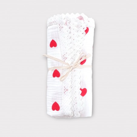 KOCYK MUŚLINOWY 100X75 Z KORONKĄ Lovely (serca czerwone)