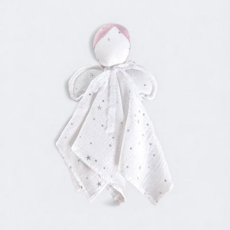 PIERWSZA PRZYTULANKA MUŚLINOWA ANIOŁEK Z MOŻLIWOŚCIĄ PERSONALIZACJI ( pudrowy róż)