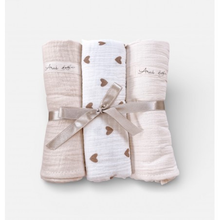 ZESTAW 3 SZT OTULACZY MUŚLINOWYCH Dentelle & Love (serduszka brąz,latte,beż)