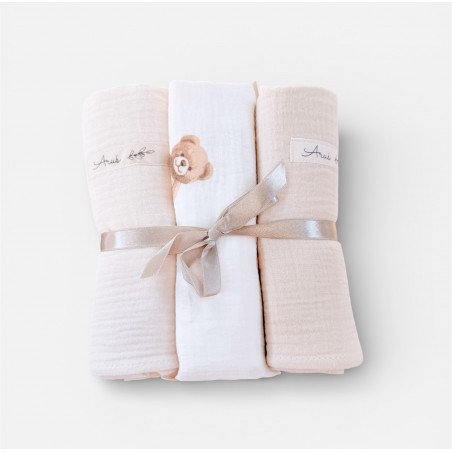 ZESTAW 3 SZT OTULACZY MUŚLINOWYCH Teddy Love (latte, beż,miś)