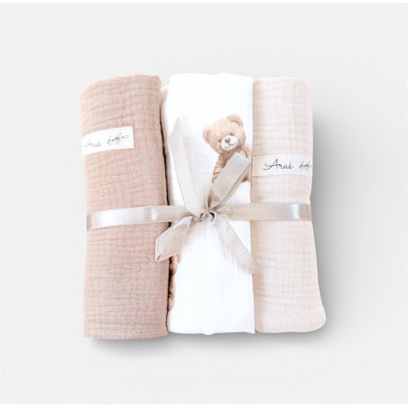 ZESTAW 3 SZT OTULACZY MUŚLINOWYCH TEDDY LOVE (Toffi, latte,MIŚ)