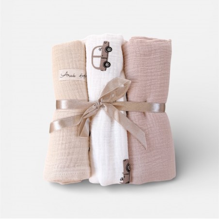 ZESTAW 3 SZT OTULACZY MUŚLINOWYCH baby cars (pastelowy beż, beż,autka)