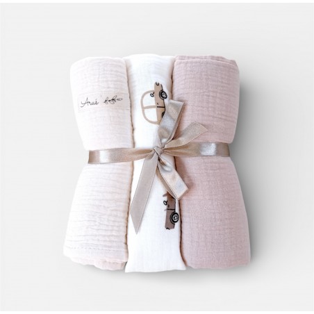 ZESTAW 3 SZT OTULACZY MUŚLINOWYCH BABY CARS (latte, pastelowy beż,AUTKA)