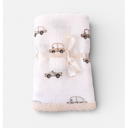 KOCYK MUŚLINOWY 100X75 Z KORONKĄ Baby Cars