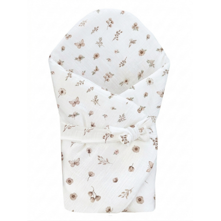 Rożek becik muślinowy, otulacz, kołderka, mata z wypełnieniem 4w1 (soft beige garden)
