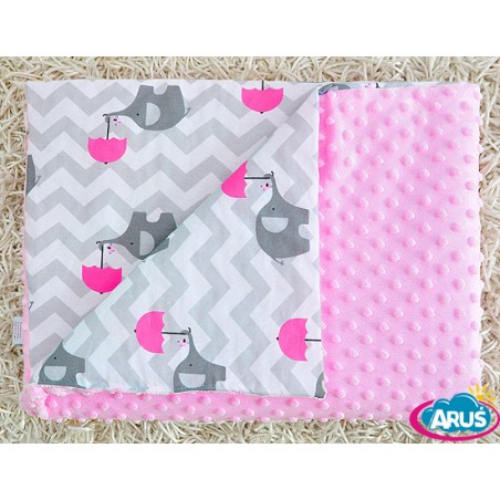 Koc kocyk pled pledzik MINKY 75x100 (różowy+słonik z różową parasolką)