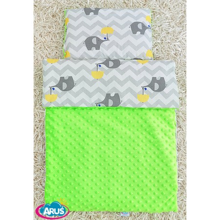 Pościel do wózka / kołyski MINKY (zielony+słonik z żółtą parasolką)