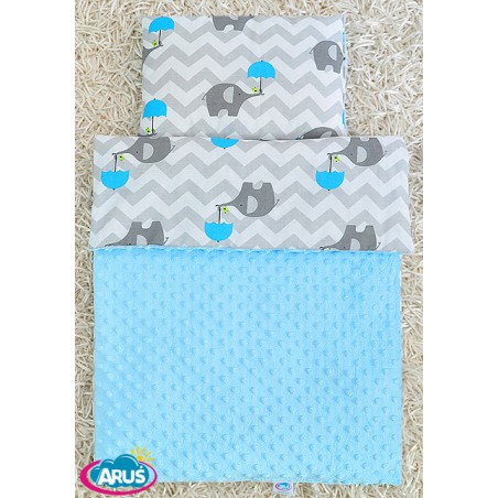 Pościel do wózka / kołyski MINKY (niebieski+słonik z niebieską parasolką)