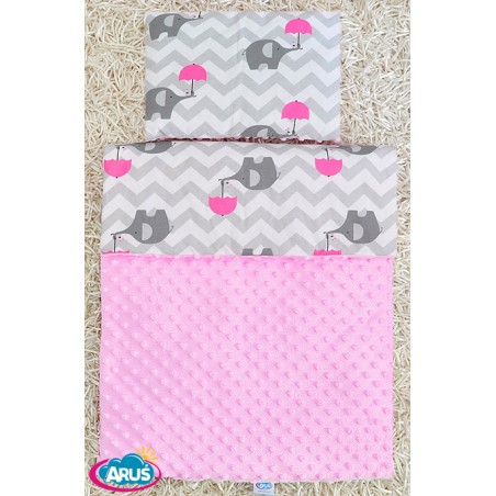 Pościel do wózka / kołyski MINKY (różowy+słonik z różową parasolką)