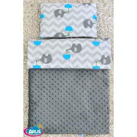 Pościel do wózka / kołyski MINKY (popiel+słonik z niebieską parasolką)