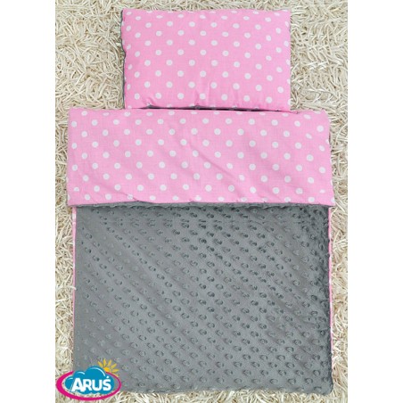 Pościel do wózka / kołyski MINKY (popiel+różowe grochy)