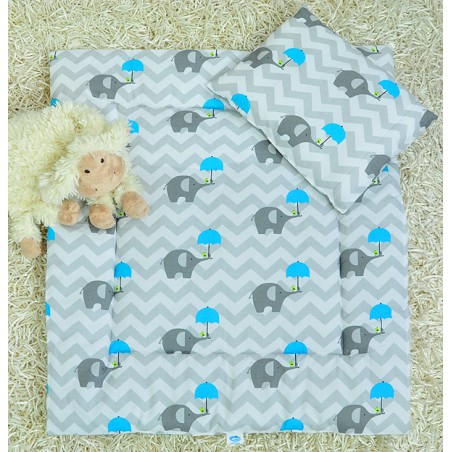 2 el.pościel do wózka (poduszka+kołderka) słonik z niebieską parasolką