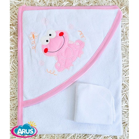 Okrycie kapielowe ręcznik + myjka 80x90 (biały z różową żabką)