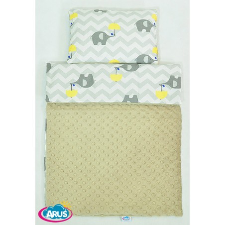 Pościel do wózka / kołyski MINKY (beżowy+słonik z żółtą parasolką)