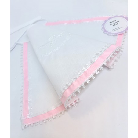 Szatka / pamiątka chrztu haftowana różowe kwiatuszki