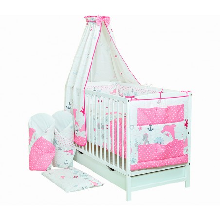 22 elem.zestaw łóżeczko z szufladą ARCO + materac + kpl.pościeli