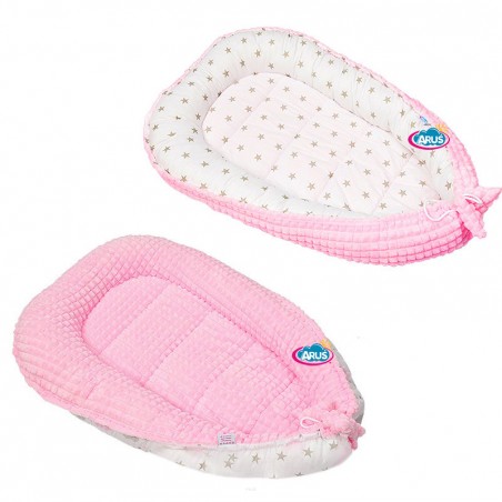 Kokon niemowlęcy otulacz dwustronny minky (rozowy+gwiazdki popielate)