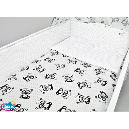 5 el.Pościel do łóżeczka 120x90 "DWUSTRONNA" pandy czarne+popiel kropki na białym