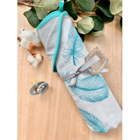Kocyk Muślinowy dwustronny piórka niebieskie + popiel 100x75