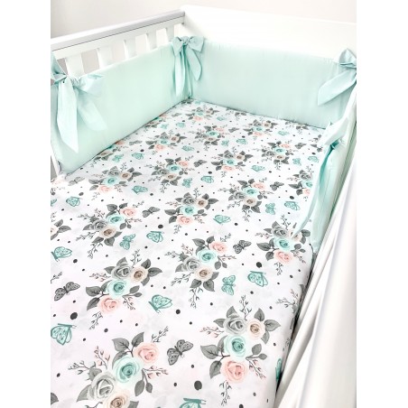 3 el.Pościel do łóżeczka 120x90 dwustronna "Summer" różyczki białe + mięta