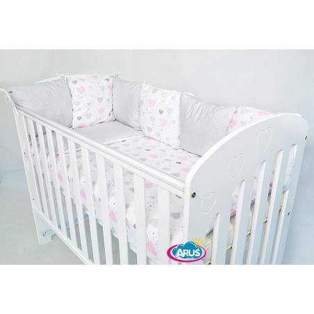 10 el.Pościel do łóżeczka 120x90 "MODUŁOWA" (serca różowe+kropki na popielu)