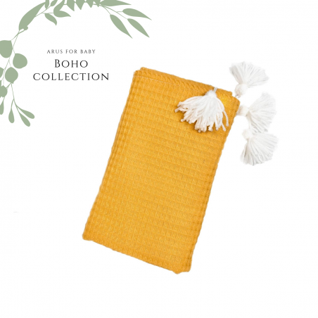 Koc / kocyk wafelek 75x100 Boho collection mustard pompons