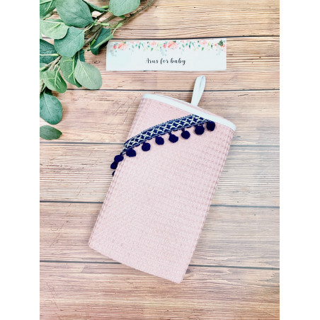 Okrycie kąpielowe 100x100 Boho collection navy blue pompons powder pink