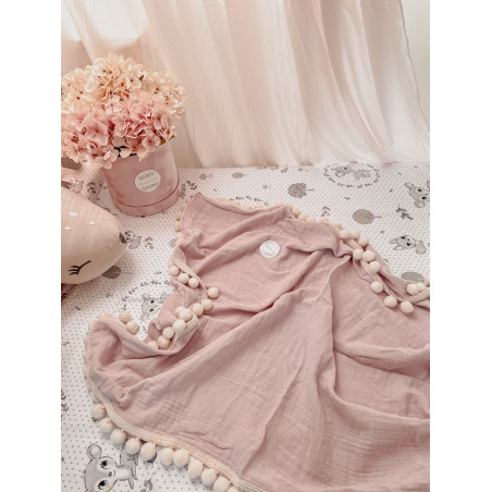 Kocyk Muślinowy 100x75 pompons powder pink