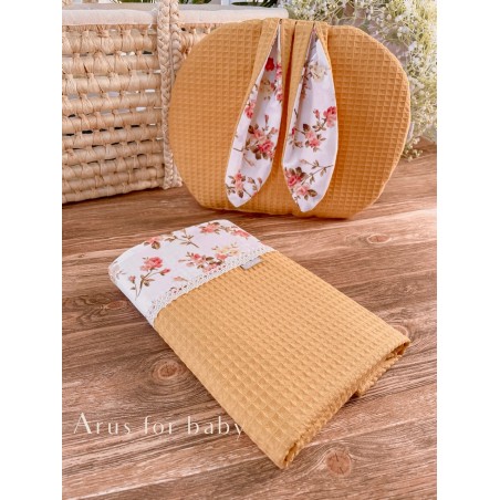 Zestaw bunny kocyk wafelek + poduszka Romantic Roses mustard