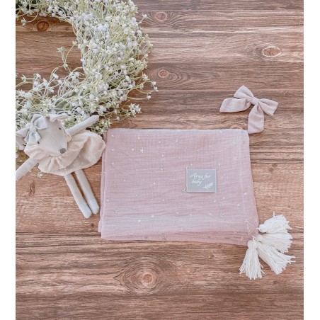 Kocyk muślinowy Stars Eco muślin collection powder pink pompons white