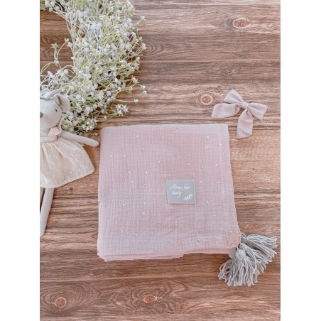 Kocyk muślinowy Stars Eco muślin collection powder pink pompons grey