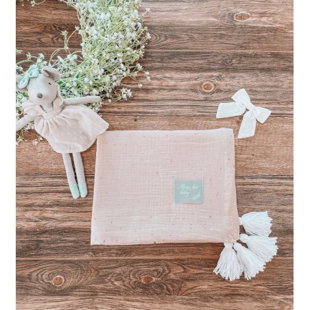 Kocyk muślinowy dots Eco muślin collection peach pompons white